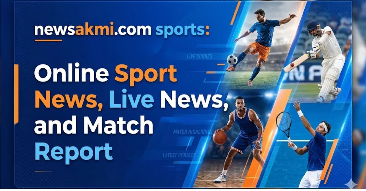 A professional sports news feature image with blue and orange accents featuring the headline "newsakmi.com sports: Online Sport News, Live News, and Match Report" alongside dynamic action shots of football, cricket, basketball, and tennis players.