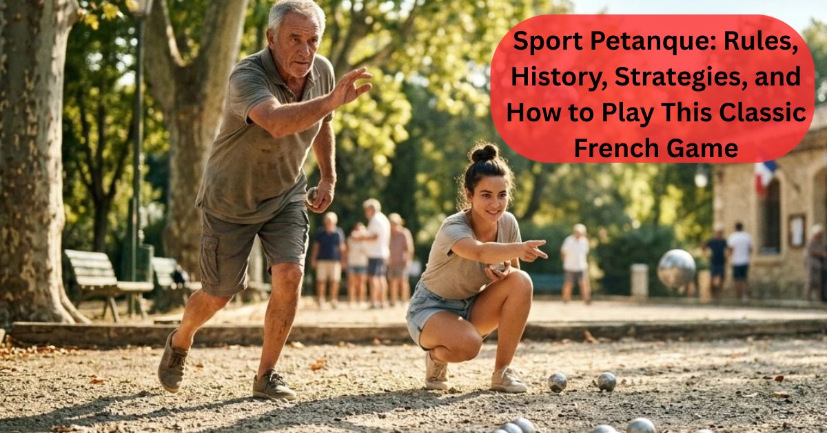 “Players playing sport petanque in a French park, throwing metal boules toward a wooden cochonnet”