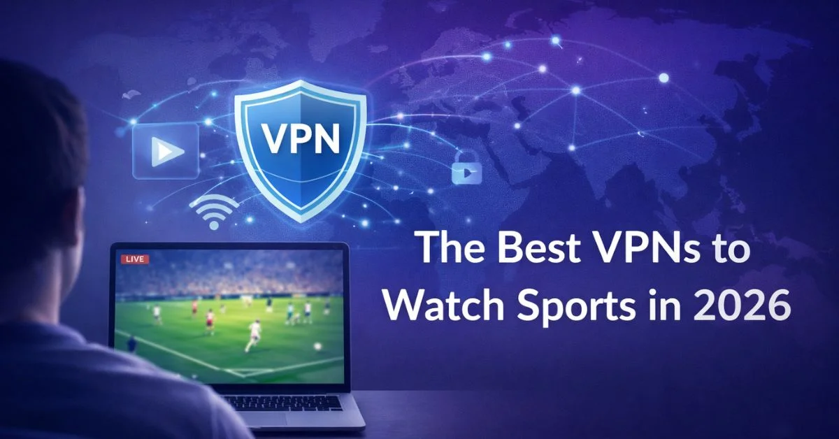 The best VPNs to watch sports in 2026 – person streaming live sports on a laptop with VPN protection and global network lines.