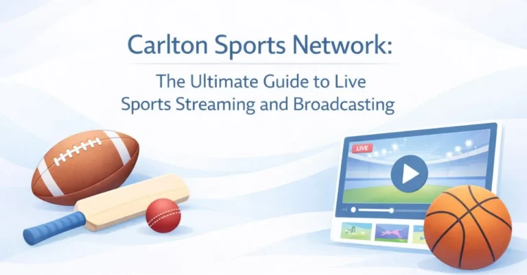 Minimal sports streaming feature image for Carlton Sports Network with football, cricket bat, basketball, and a digital screen in soft blue and white tones.