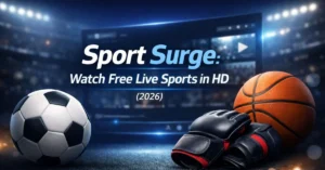 “Feature image showing a soccer ball, basketball, and MMA gloves in a stadium with glowing lights and digital streaming interface, highlighting Sport Surge live sports in HD (2026).”