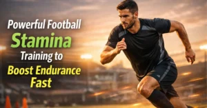 "Powerful Football Stamina Training to Boost Endurance Fast with athlete sprinting on field at sunset"