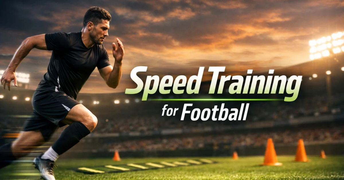 “Professional football player sprinting on a training field during speed training football with cones and agility ladder in the background”