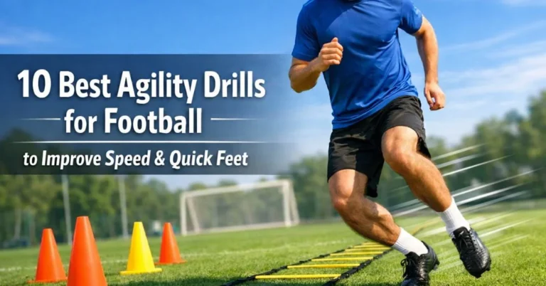 Agility drills for football training with player performing ladder and cone drills on a grass field