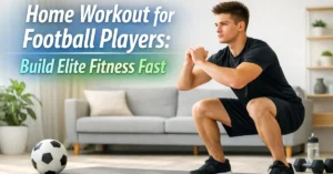 Home workout for football players performing squats in a modern indoor space for strength and fitness training