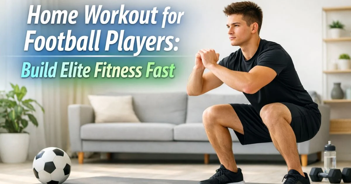 Home workout for football players performing squats in a modern indoor space for strength and fitness training