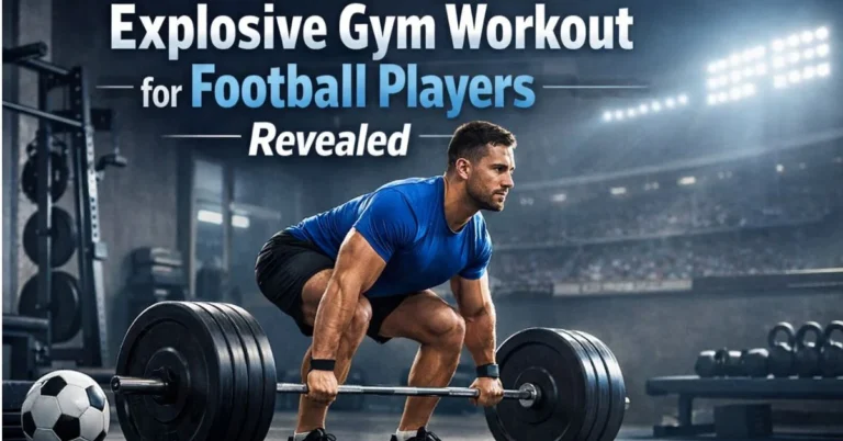 Strong football player performing heavy barbell deadlift in modern gym with headline “Explosive Gym Workout for Football Players Revealed”
