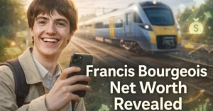 Francis Bourgeois net worth revealed image showing trainspotter with modern train and financial growth elements