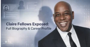 Claire Fellows Exposed: Full Biography & Career Profile featured blog banner with professional corporate design, abstract blue corporate background, profile UI elements, and portrait of Ainsley Harriott representing a modern investigative biography concept.