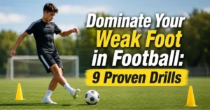 Weak Foot in Football – Weak Foot Training Football Drills showing a young football player practicing a gentle pass using his weaker foot on a clean outdoor pitch during daylight