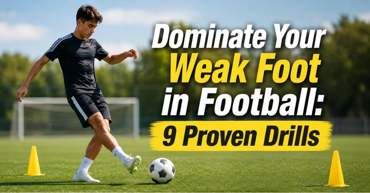 Weak Foot in Football – Weak Foot Training Football Drills showing a young football player practicing a gentle pass using his weaker foot on a clean outdoor pitch during daylight