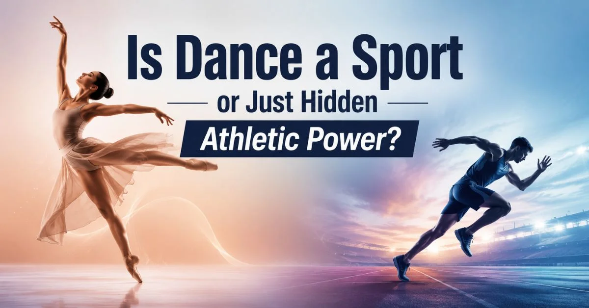 Dancer and athlete side-by-side in a split design with title “Is Dance a Sport or Just Hidden Athletic Power?”