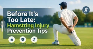 Cricketer stretching on field showing hamstring injury prevention cricket during training session for better flexibility and injury safety