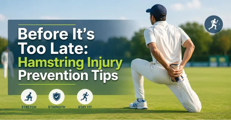 Cricketer stretching on field showing hamstring injury prevention cricket during training session for better flexibility and injury safety