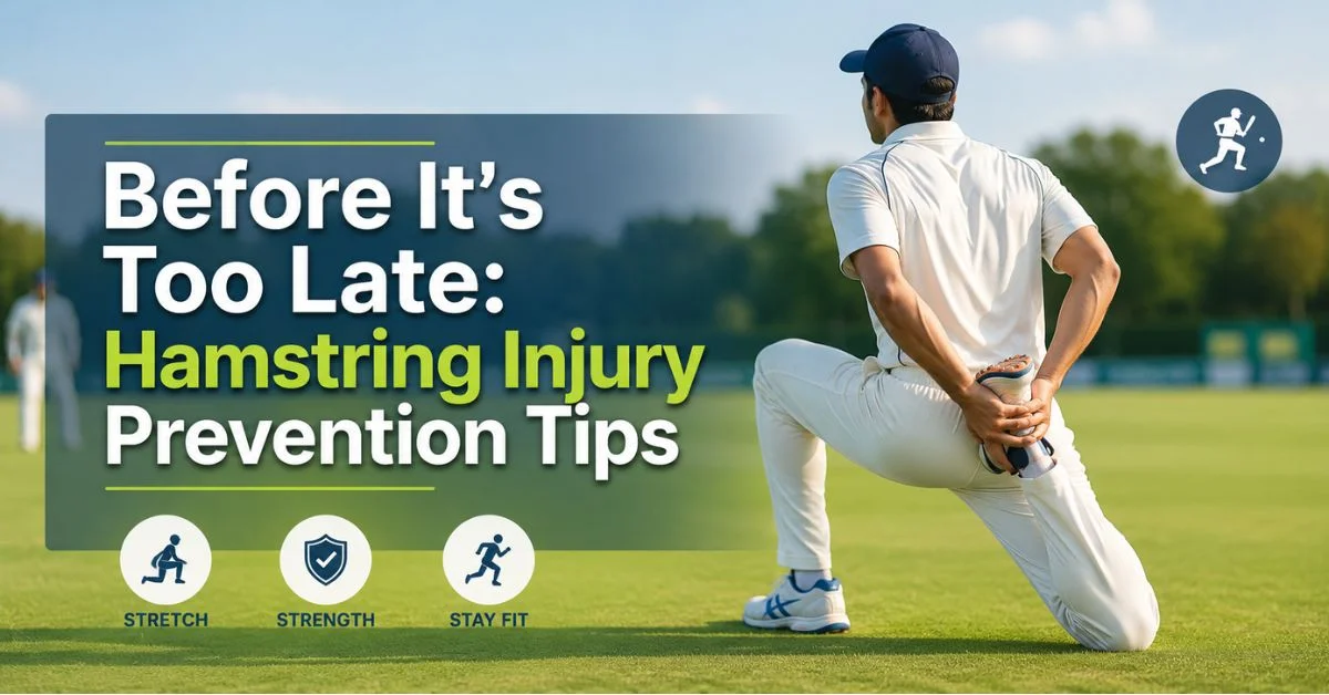 Cricketer stretching on field showing hamstring injury prevention cricket during training session for better flexibility and injury safety