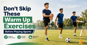 Young athletes doing warm up exercises before playing sports on an outdoor field with football, cricket bat, and training cones.
