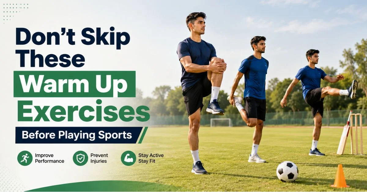 Young athletes doing warm up exercises before playing sports on an outdoor field with football, cricket bat, and training cones.